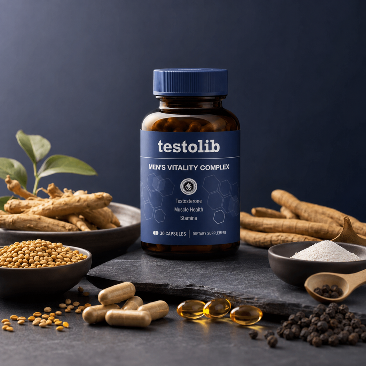 Testolib bottle surrounded by its natural ingredients: roots, seeds, capsules and softgels